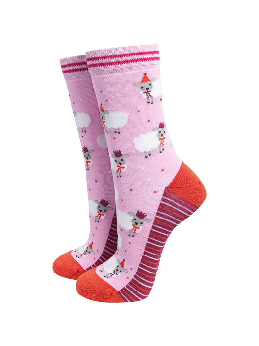 Party-Sheep-Women's-Bamboo-Socks-in-Pink-On-Mannequin