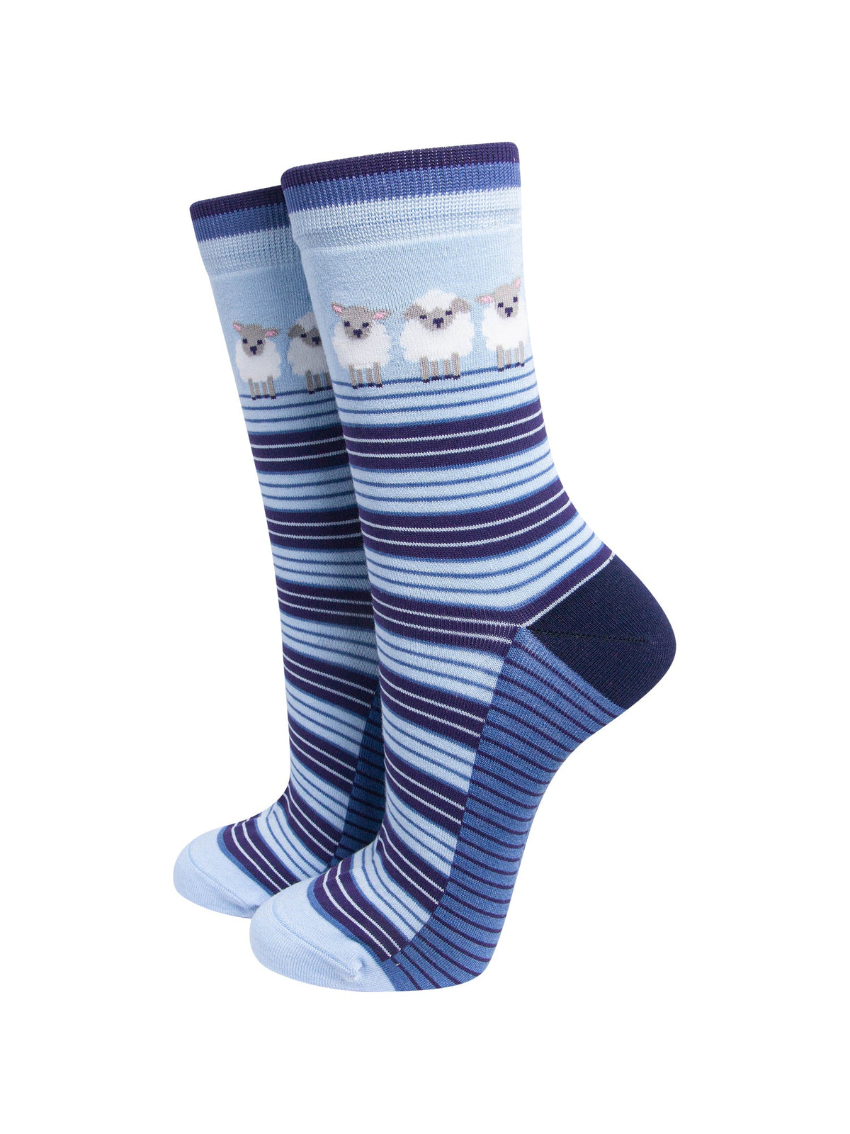 Sheep-Stripe-Women's-Bamboo-Socks-in-Blue-On-Mannequin