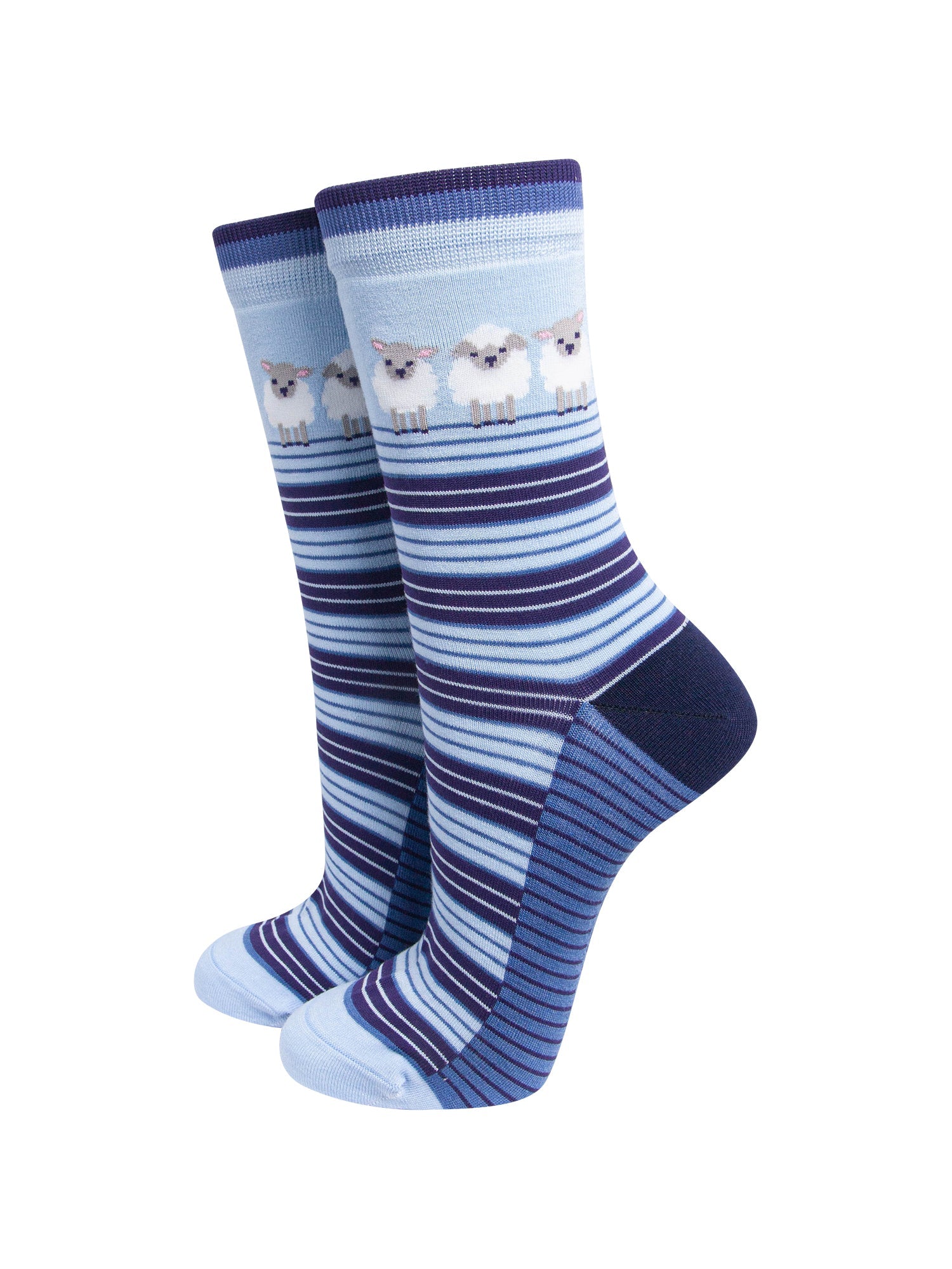 Sheep-Stripe-Women's-Bamboo-Socks-in-Blue-On-Mannequin