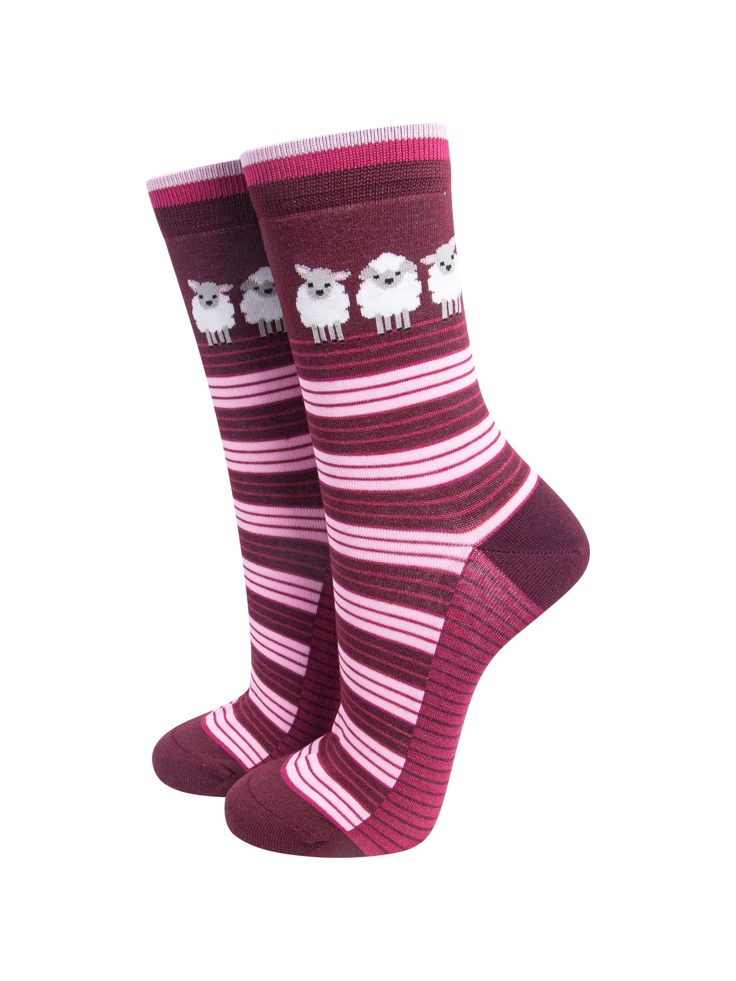 Sheep-Stripe-Women's-Bamboo-Socks-in-Burgundy-On-Mannequin
