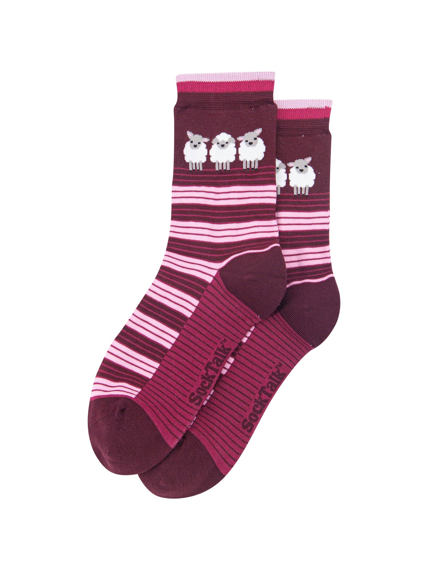 Sheep-Stripe-Women's-Bamboo-Socks-in-Burgundy-Laid-Flat