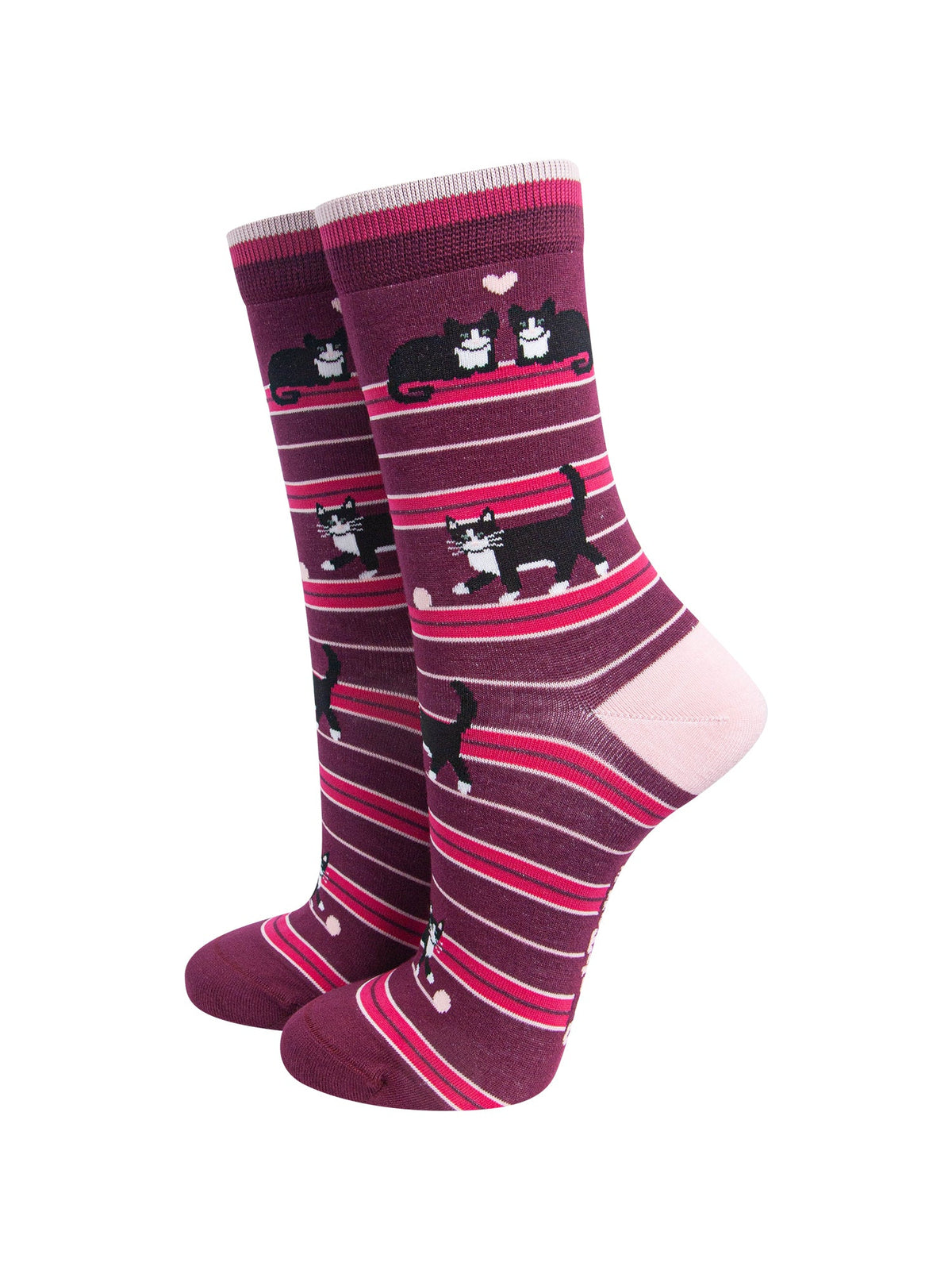 Cat-Stripe-Women's-Bamboo-Socks-in-Burgundy-On-Mannequin