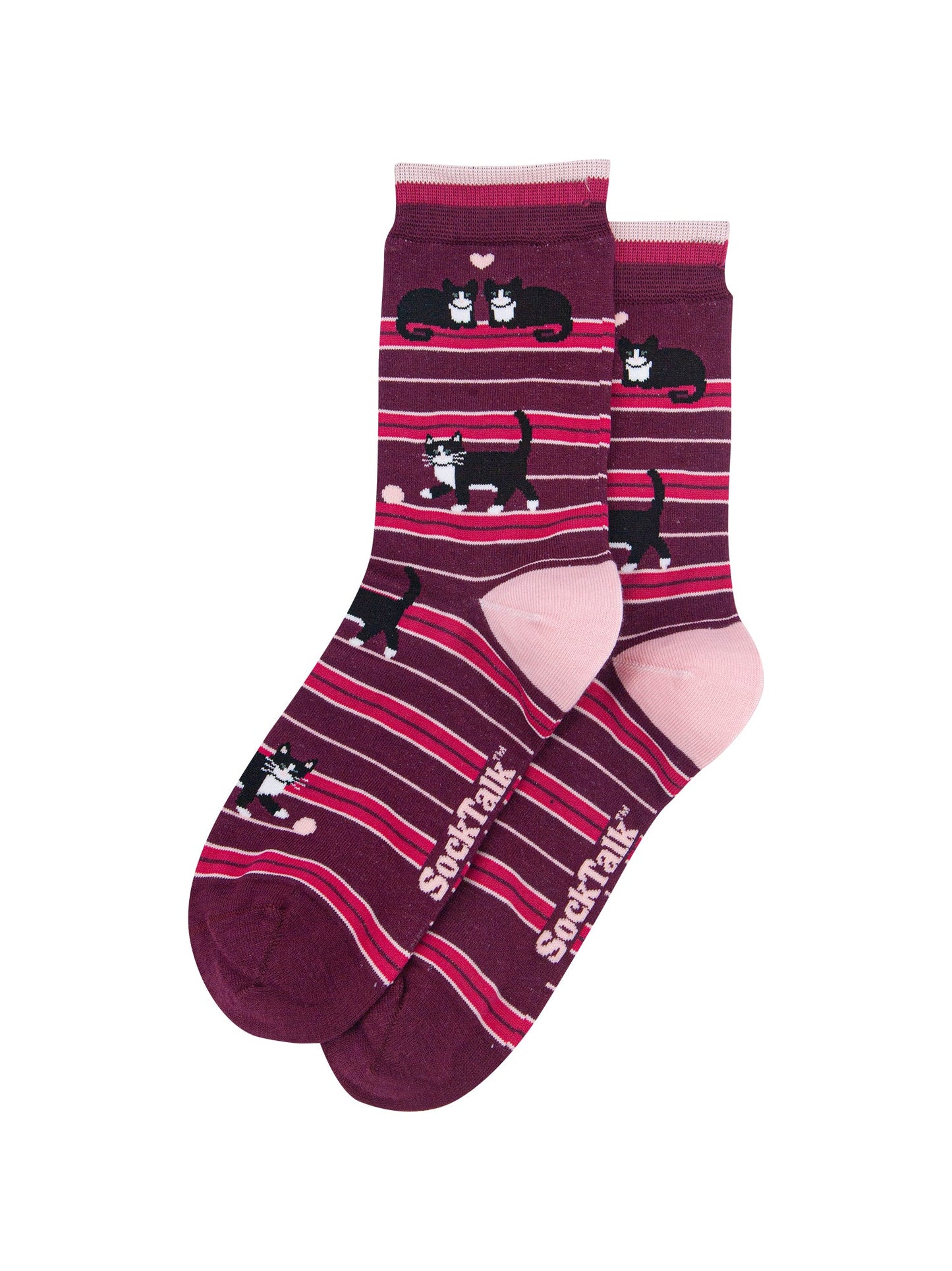 Cat-Stripe-Women's-Bamboo-Socks-in-Burgundy-Laid-Flat