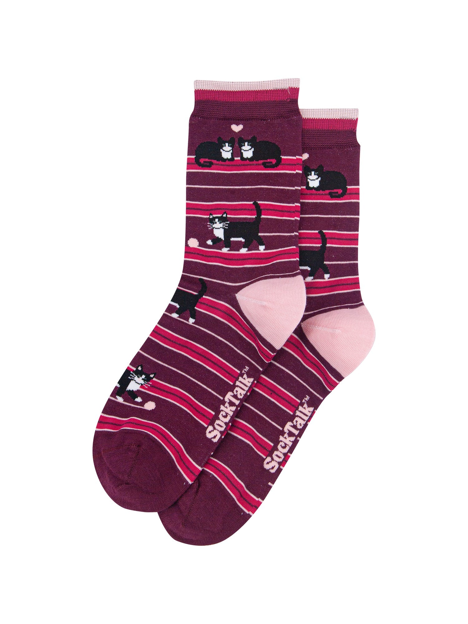 Cat-Stripe-Women's-Bamboo-Socks-in-Burgundy-Laid-Flat