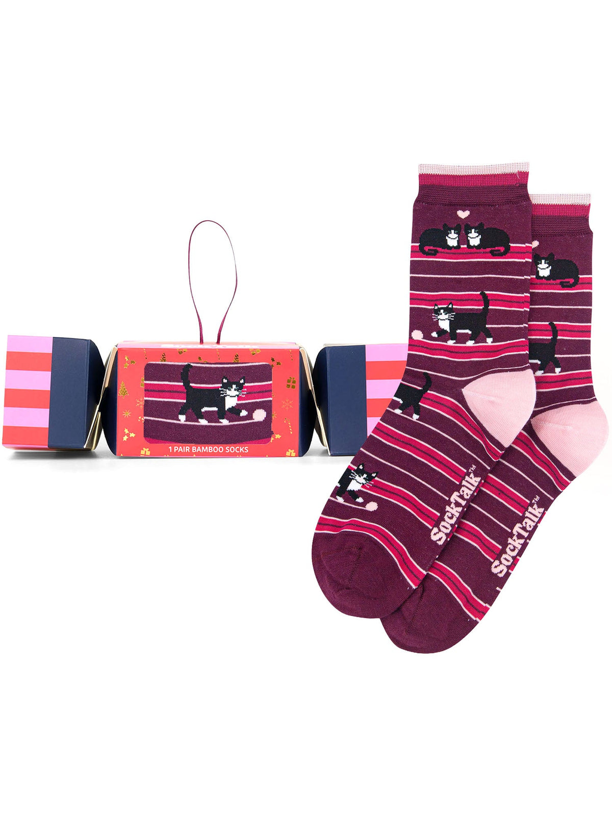 Cats-Chasing-Wool-Bamboo-Crew-Socks-Christmas-Cracker-Gift-Box-in-Berry