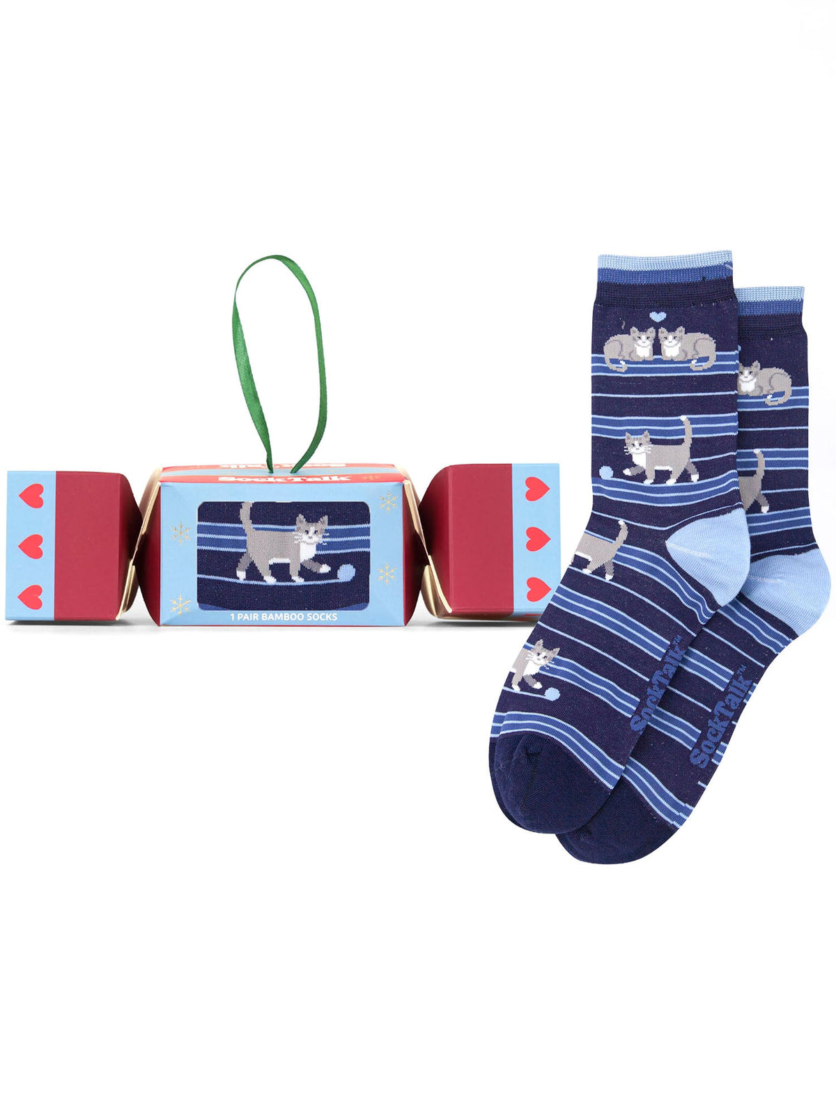 Cats-Chasing-Wool-Bamboo-Crew-Socks-Christmas-Cracker-Gift-Box-in Navy-Blue