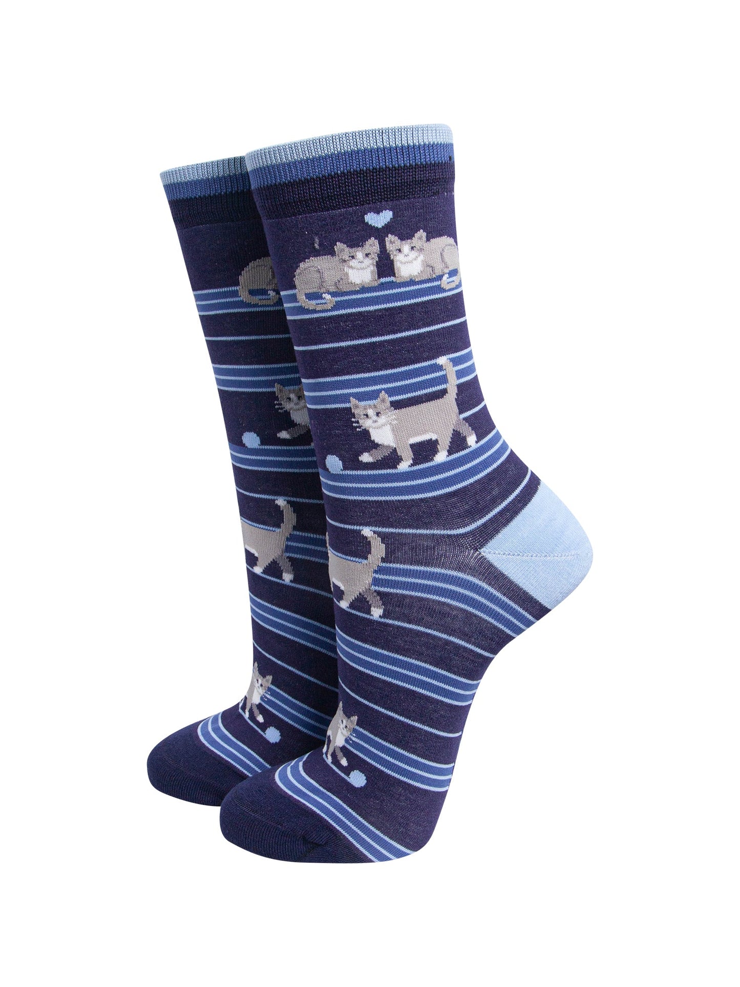 Cat-Stripe-Women's-Bamboo-Socks-in-Navy-Blue-On-Mannequin