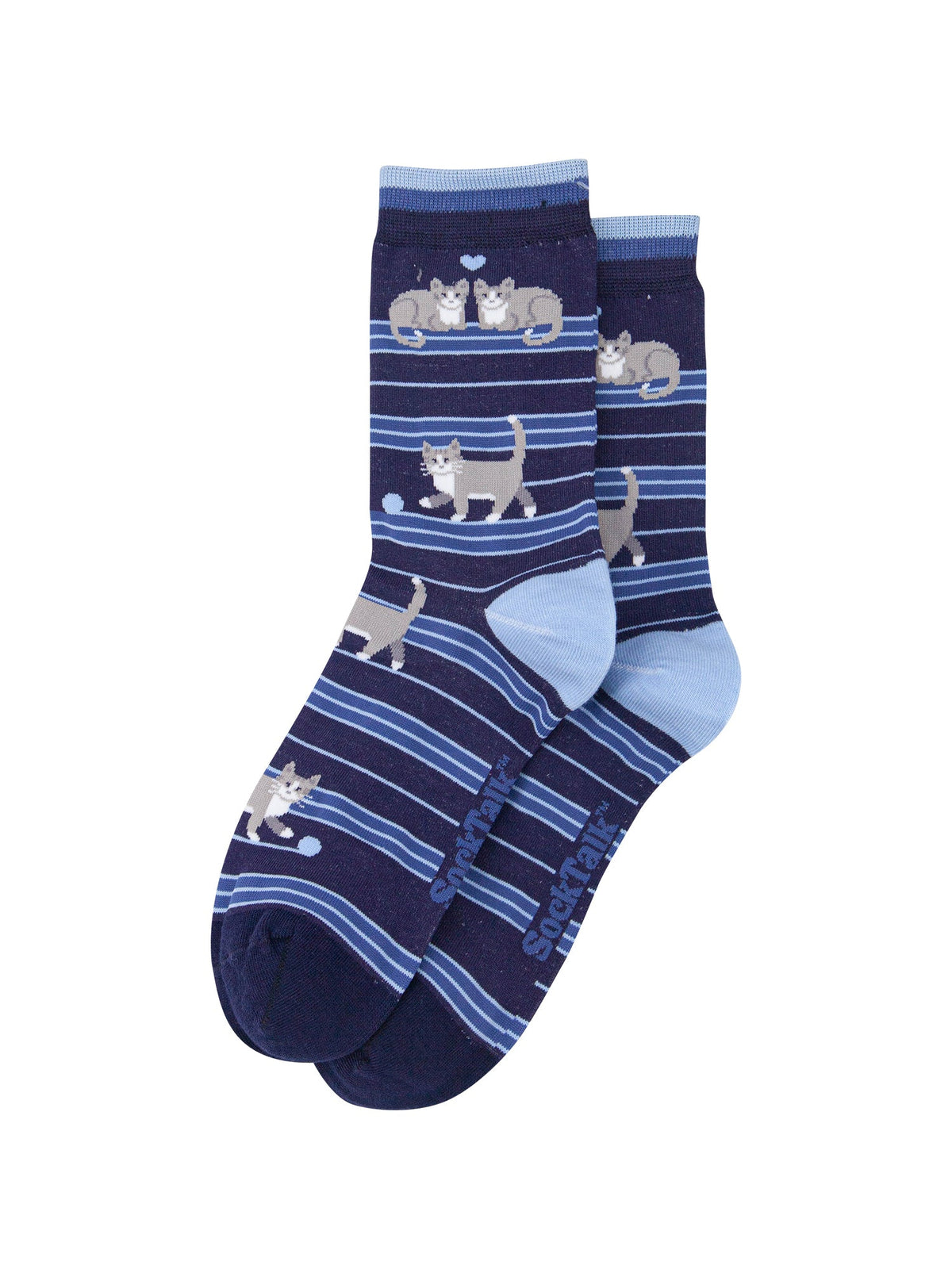 Cat-Stripe-Women's-Bamboo-Socks-in-Navy-Blue-Laid-Flat