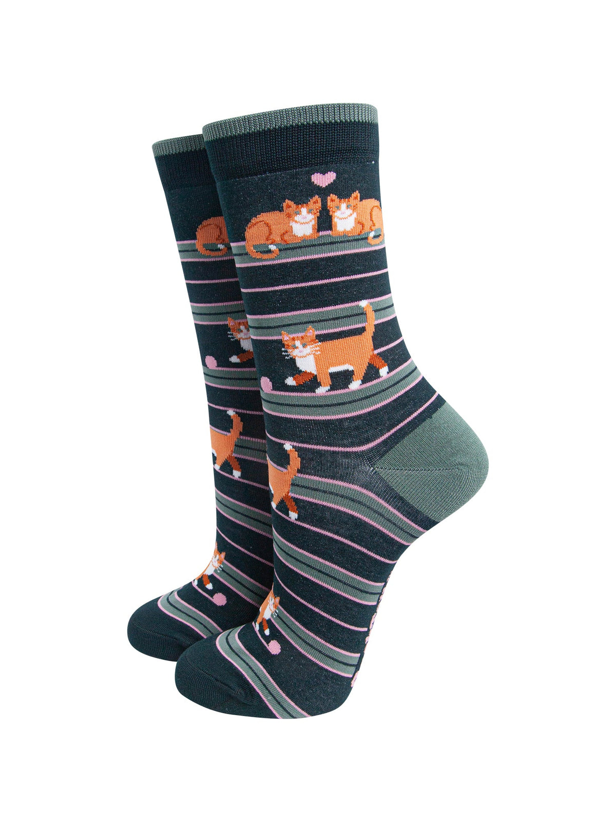 Cat-Stripe-Women's-Bamboo-Socks-in-Dark-Green-On-Mannequin