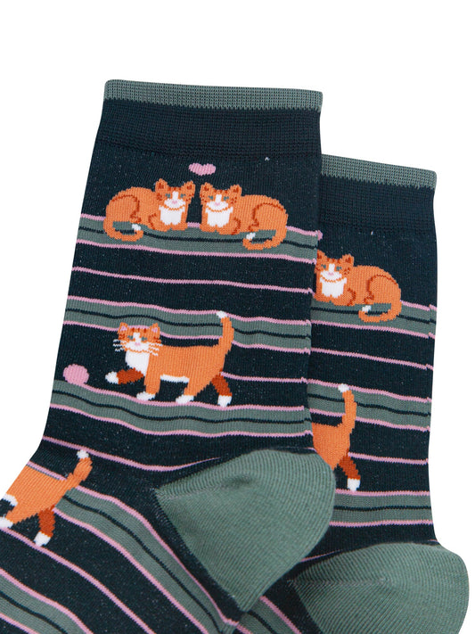 Cat-Stripe-Women's-Bamboo-Socks-in-Dark-Green-Close-Up