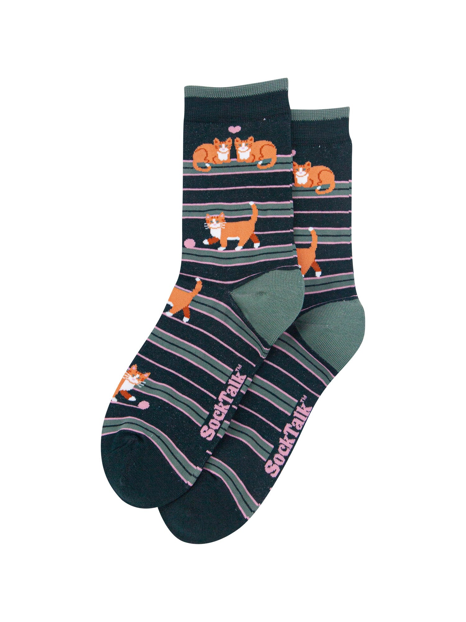 Cat-Stripe-Women's-Bamboo-Socks-in-Dark-Green-Laid-Flat