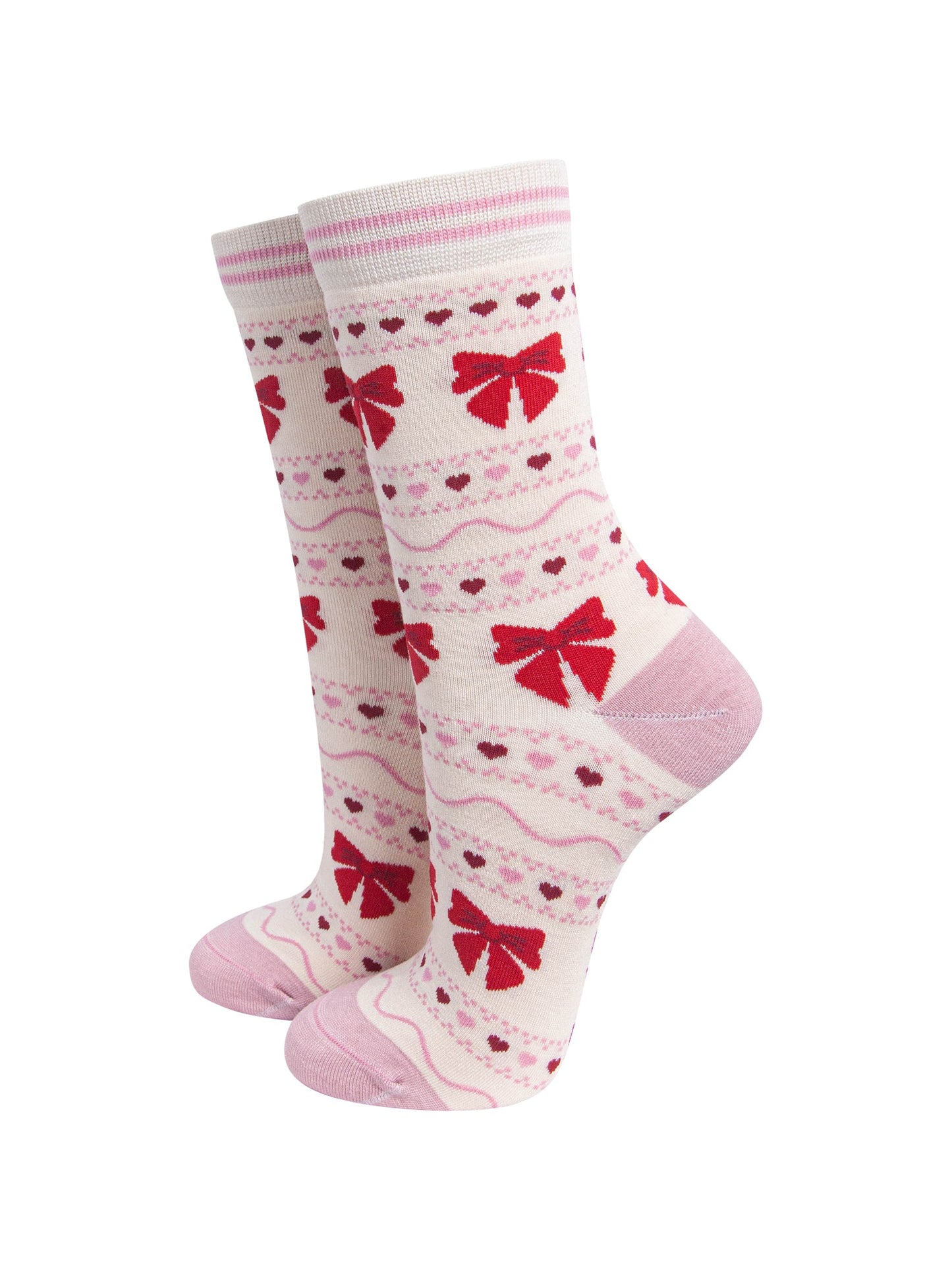 Bow-Fair-Isle-Women's-Bamboo-Socks-in-Cream-On-Mannequin