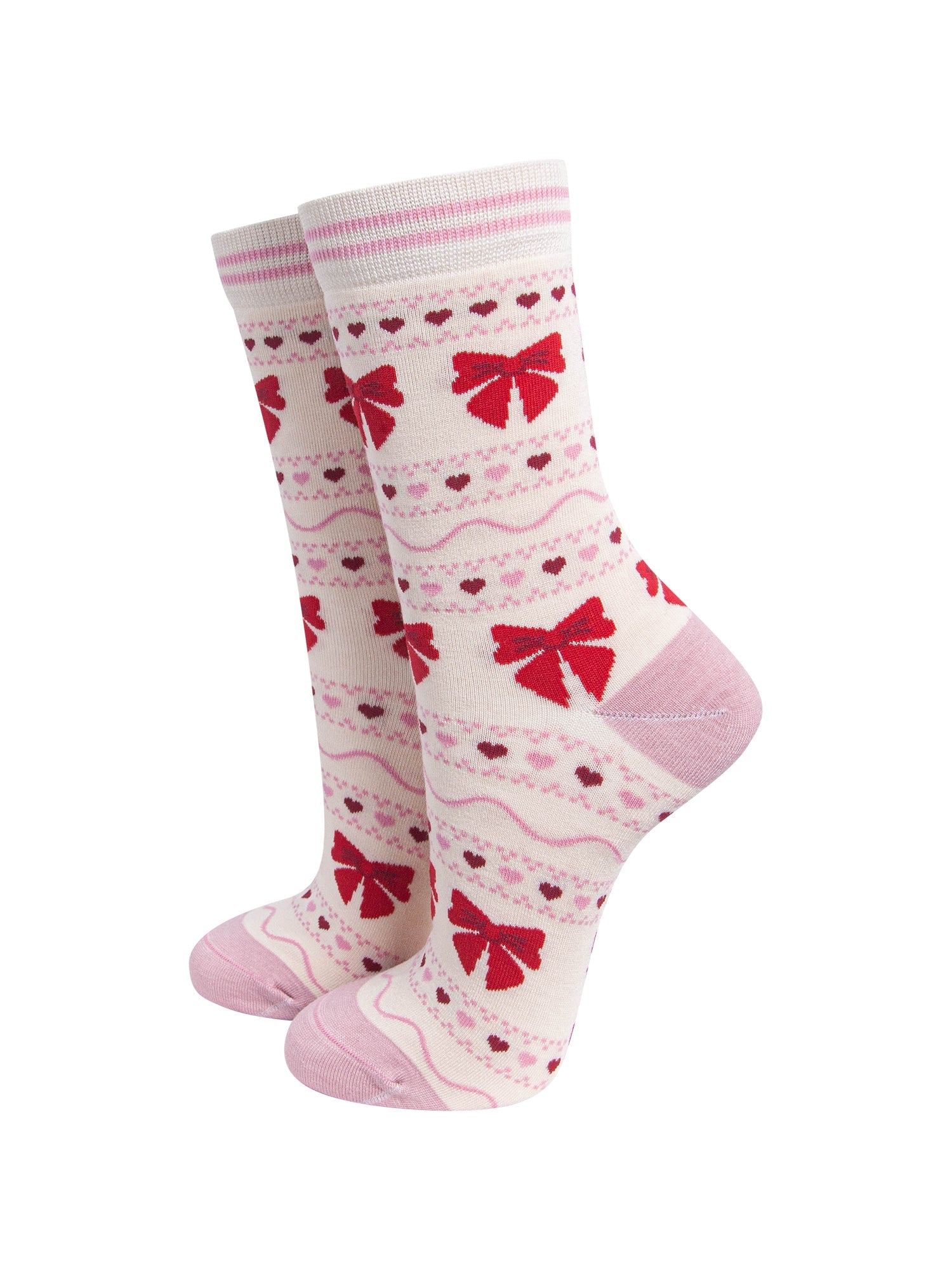 Bow-Fair-Isle-Women's-Bamboo-Socks-in-Cream-On-Mannequin