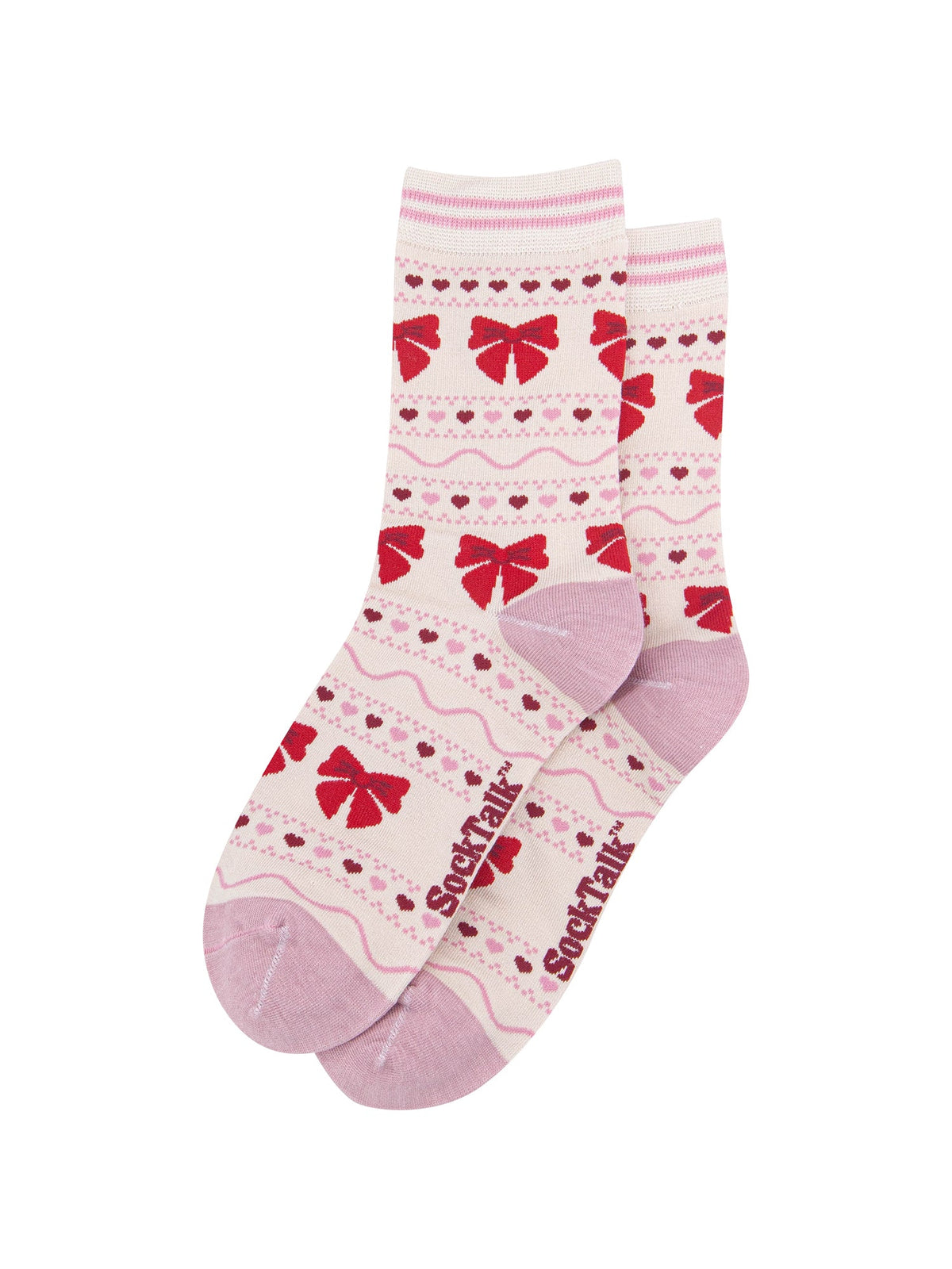 Bow-Fair-Isle-Women's-Bamboo-Socks-in-Cream-Laid-Flat