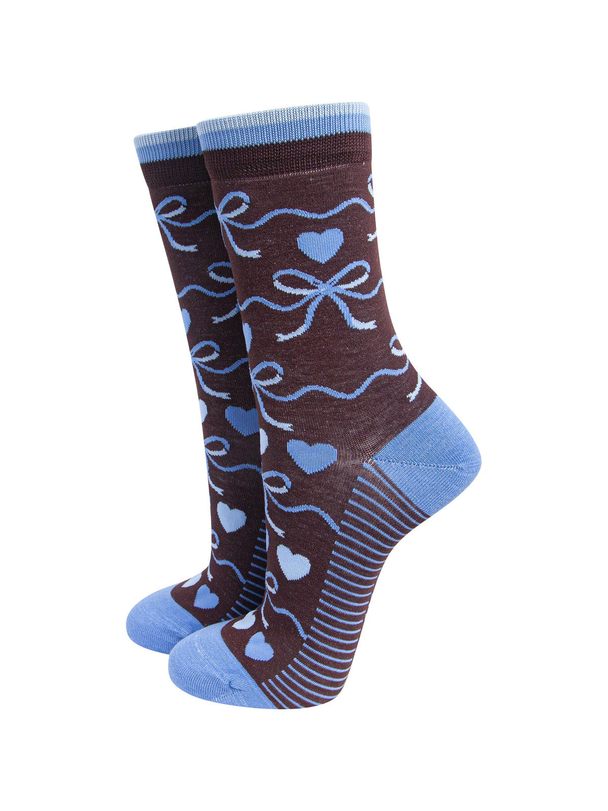 Ribbon-Bow-Women's-Bamboo-Socks-in-Brown/Blue-On-Mannequin