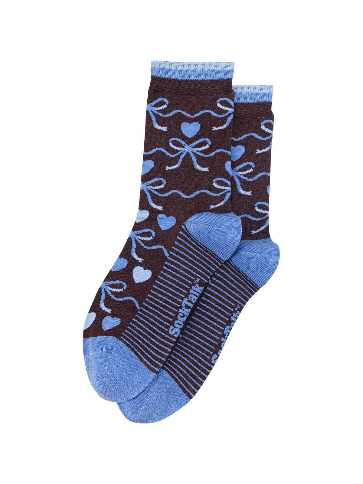 Ribbon-Bow-Women's-Bamboo-Socks-in-Brown/Blue-Laid-Flat