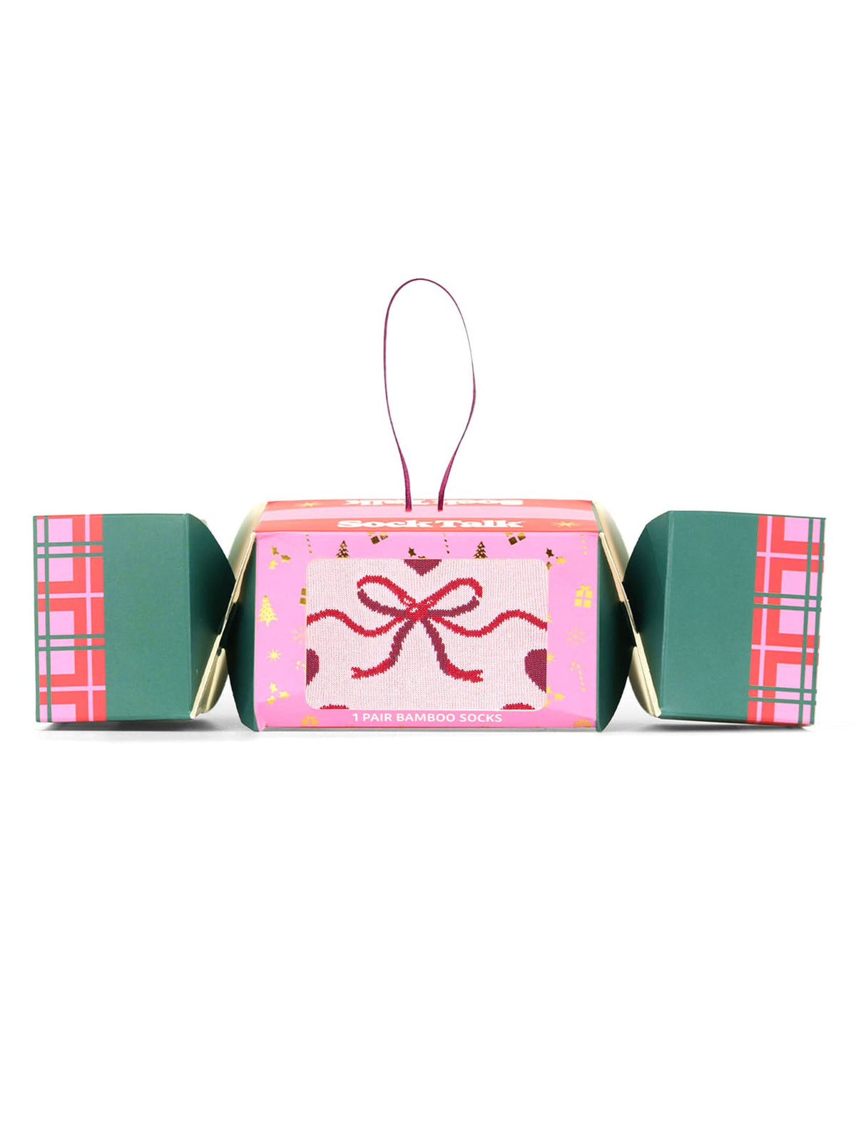 Ribbon-Bamboo-Crew-Socks-Christmas-Cracker-Gift-Box-in-Pink/Red