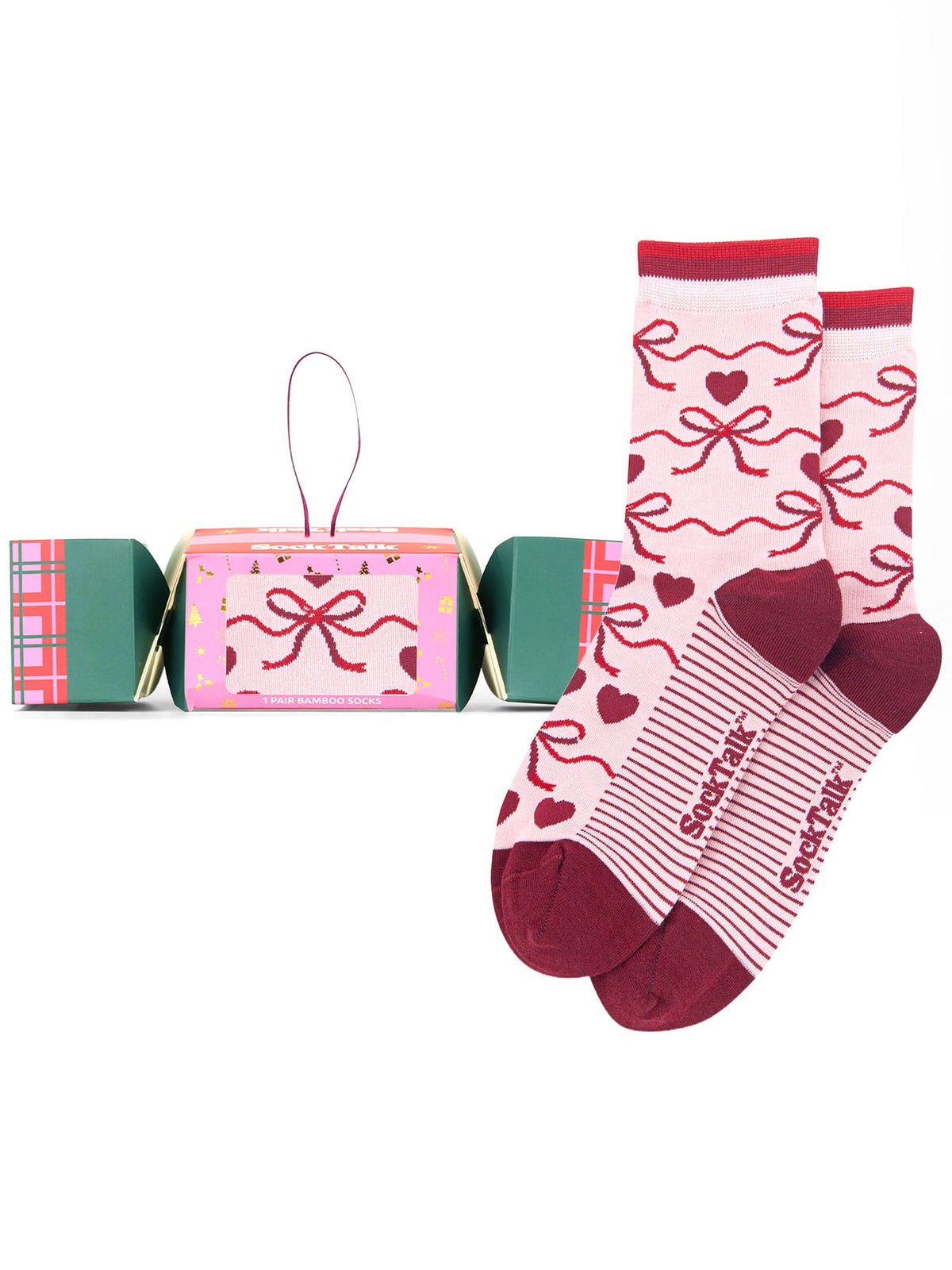 Ribbon-Bamboo-Crew-Socks-Christmas-Cracker-Gift-Box-in-Pink/Red