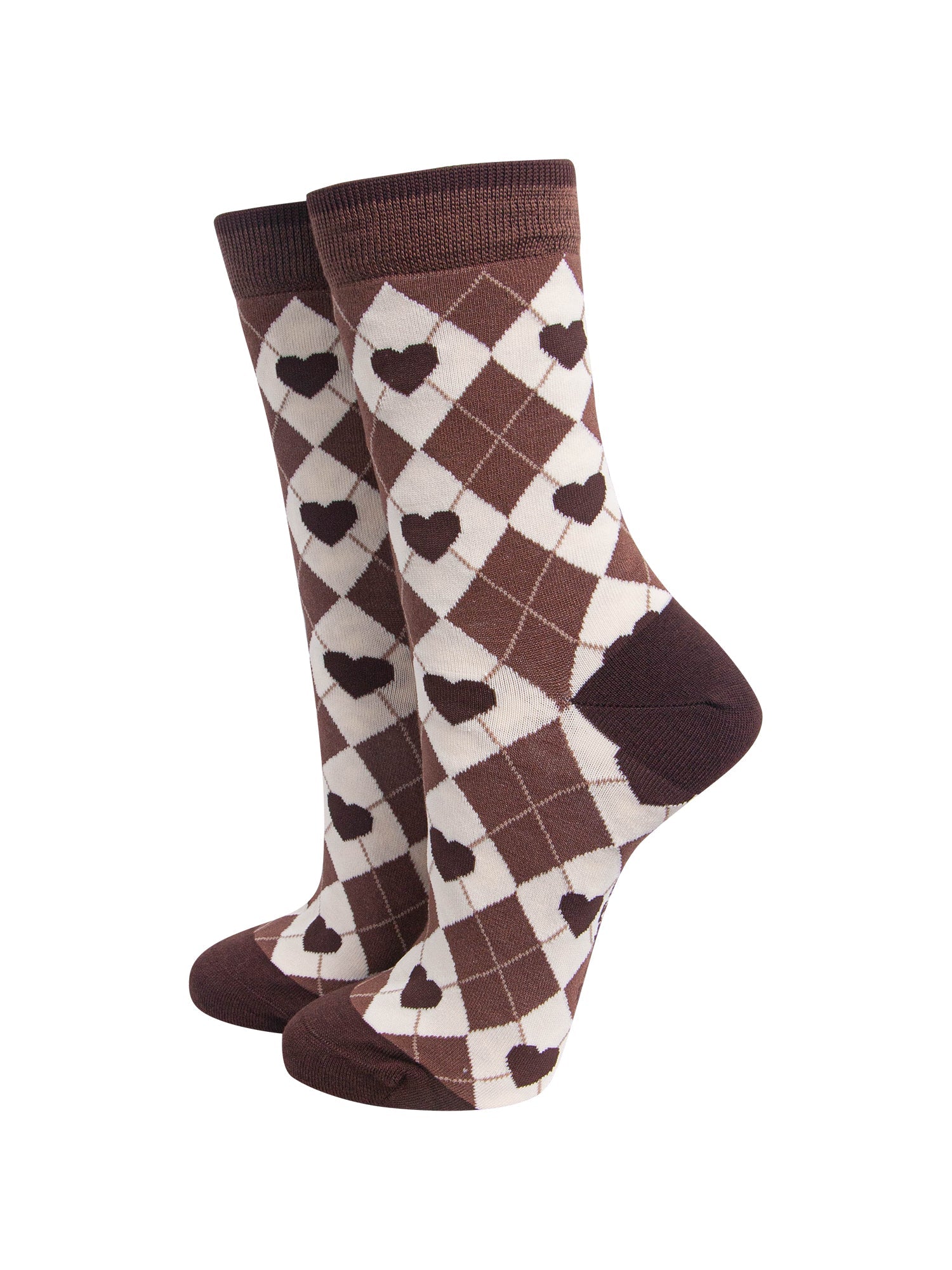 Heart-Argyle-Women's-Bamboo-Socks-in-Brown/Cream-On-Mannequin