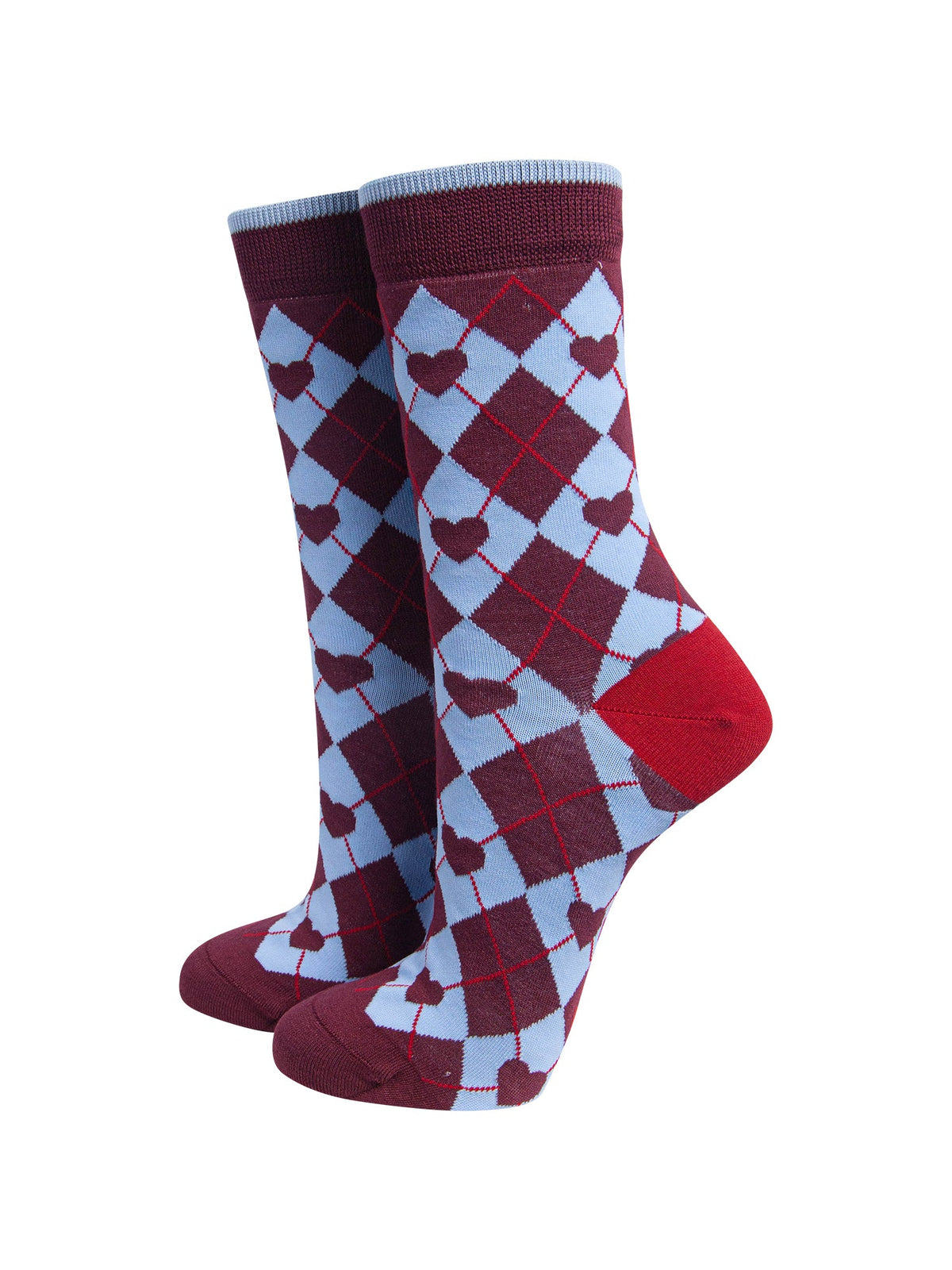Heart-Argyle-Women's-Bamboo-Socks-in-Burgundy/Blue-On-Mannequin