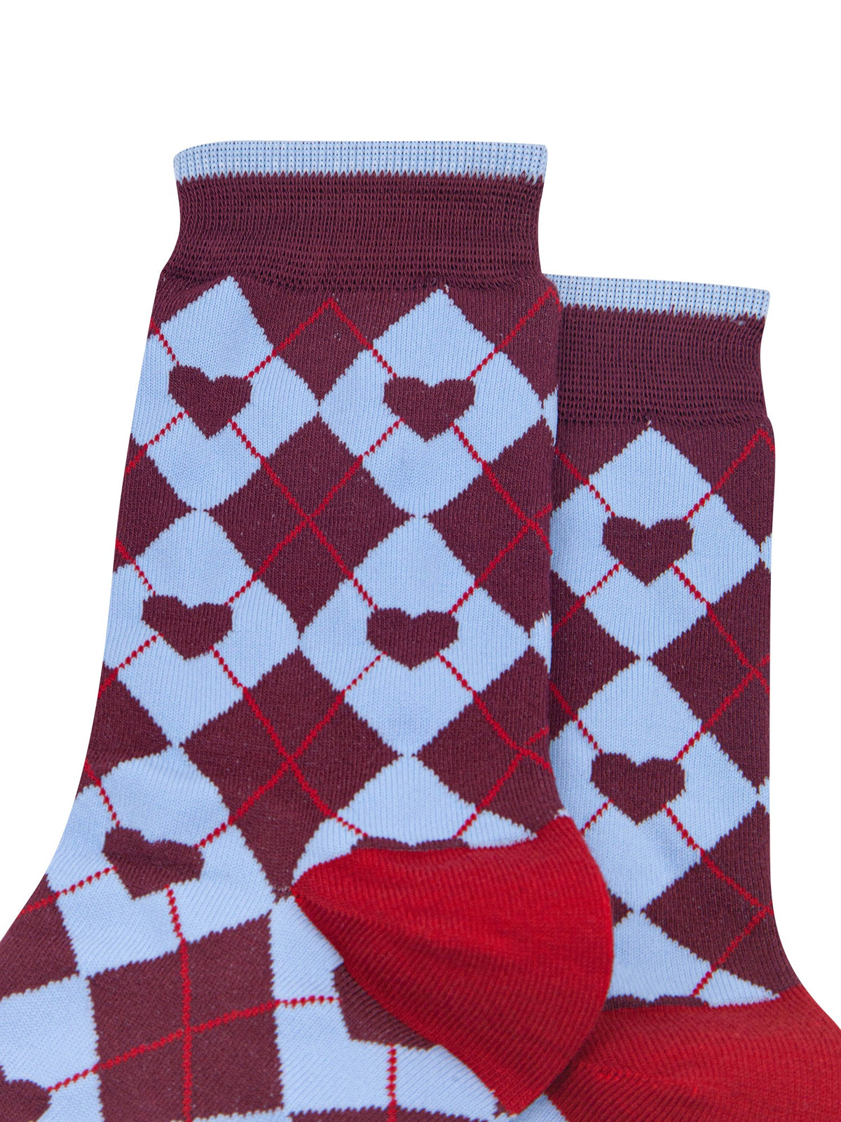 Heart-Argyle-Women's-Bamboo-Socks-in-Burgundy/Blue-Close-Up