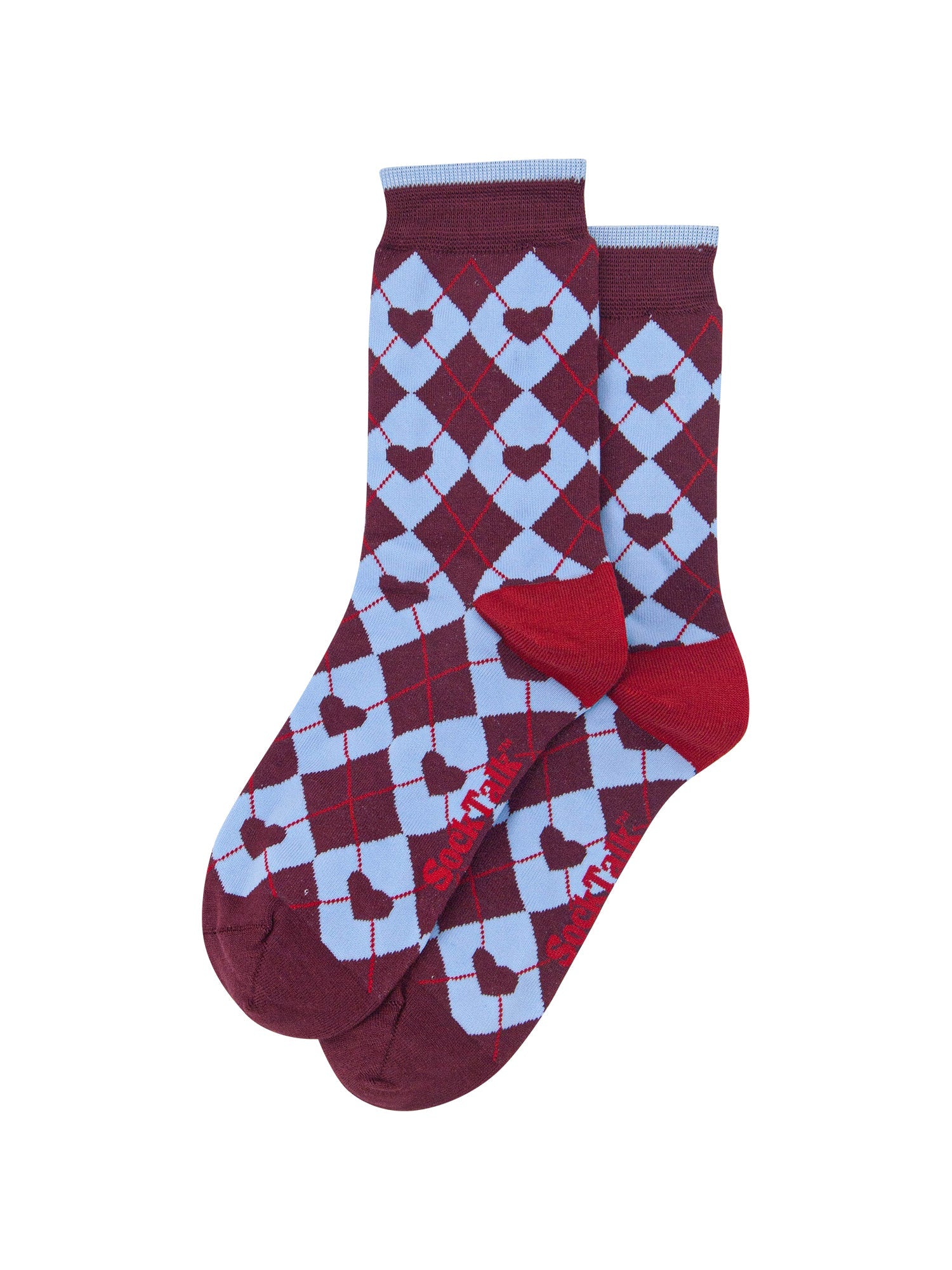 Heart-Argyle-Women's-Bamboo-Socks-in-Burgundy/Blue-Laid-Flat
