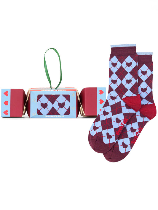Argyle-Heart-Bamboo-Crew-Socks-Christmas-Cracker-Gift-Box-in-Berry/Blue