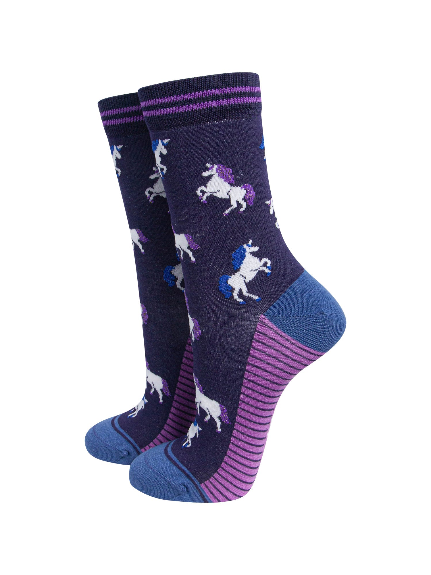 Unicorn-Women's-Bamboo-Socks-in-Navy-Blue-On-Mannequin