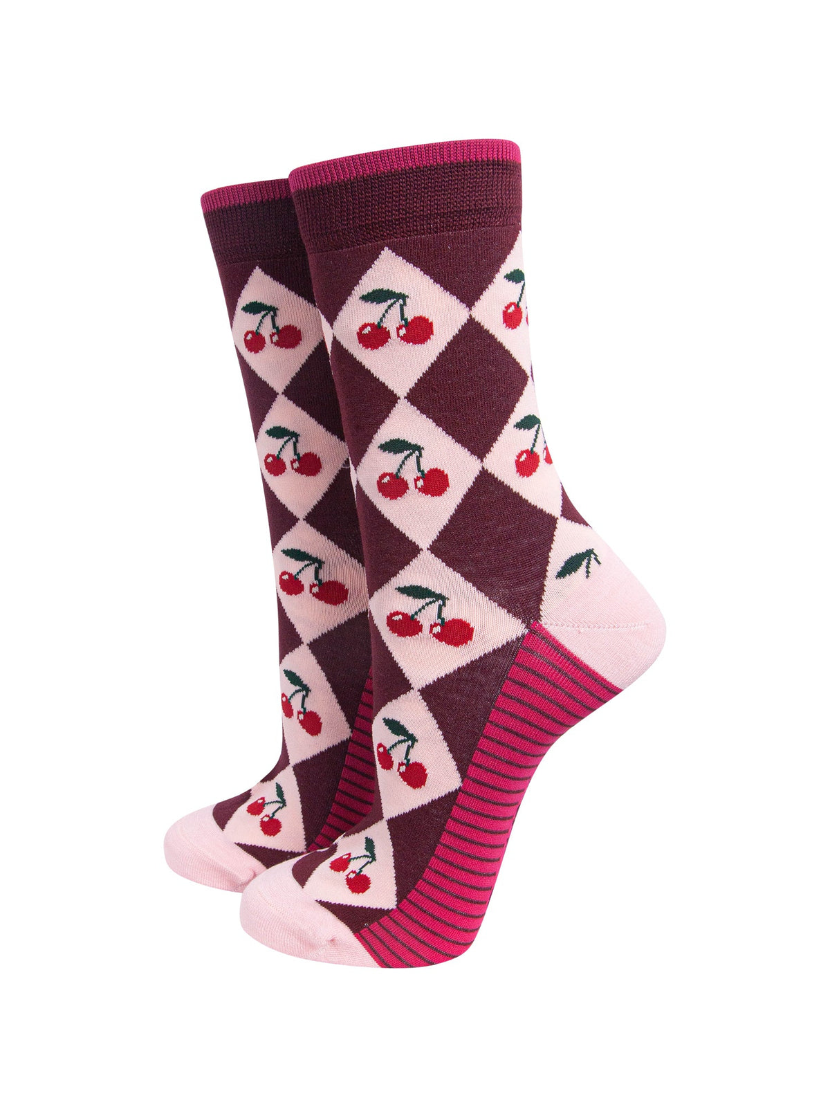 Cherry-Argyle-Women's-Bamboo-Socks-in-Burgundy/Pink-On-Mannequin