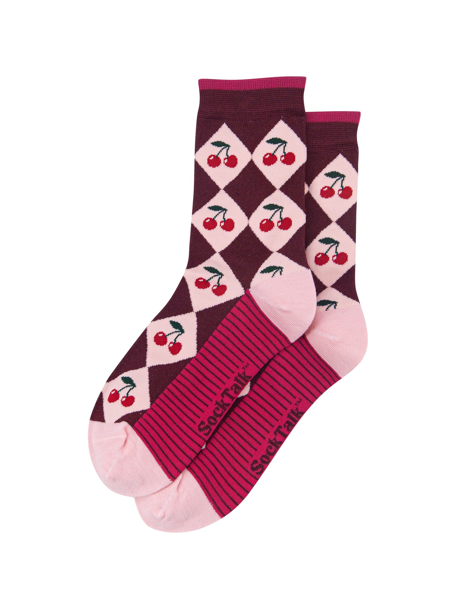 Cherry-Argyle-Women's-Bamboo-Socks-in-Burgundy/Pink-Laid-Flat