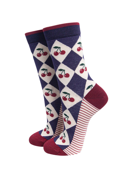 Cherry-Argyle-Women's-Bamboo-Socks-in-Navy-Blue/Cream-On-Mannequin