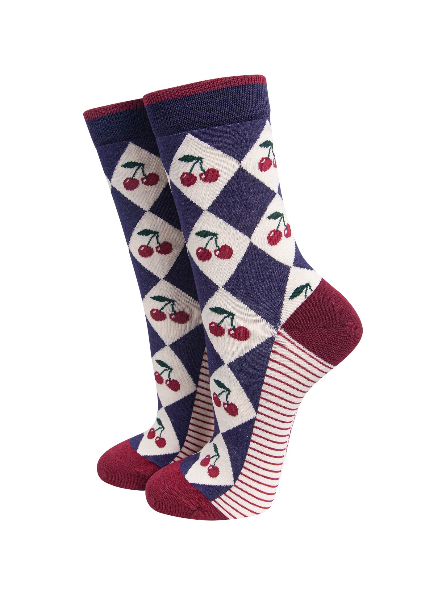 Cherry-Argyle-Women's-Bamboo-Socks-in-Navy-Blue/Cream-On-Mannequin