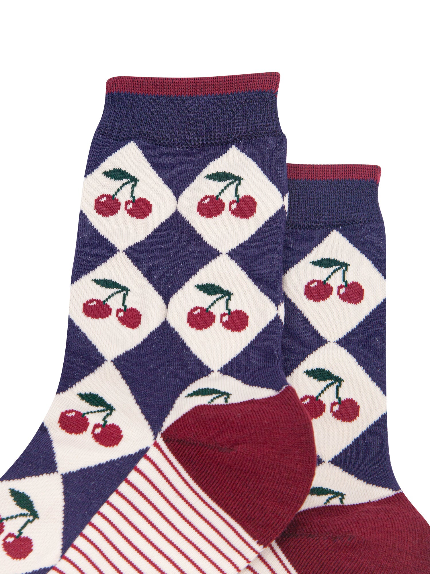 Cherry-Argyle-Women's-Bamboo-Socks-in-Navy-Blue/Cream-Close-Up