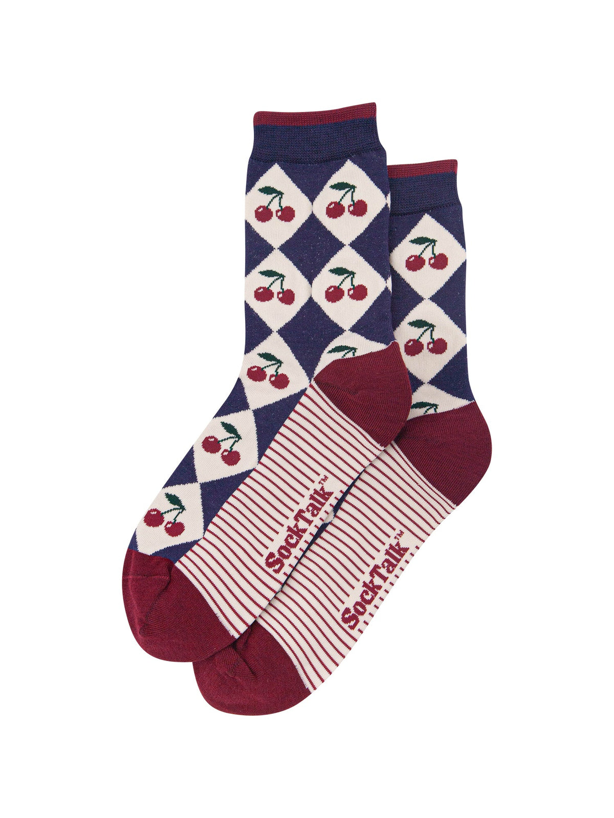 Cherry-Argyle-Women's-Bamboo-Socks-in-Navy-Blue/Cream-Laid-Flat