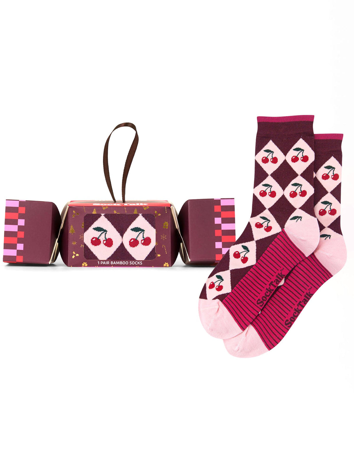 Argyle-Cherry-Bamboo-Crew-Socks-Christmas-Cracker-Gift-Box-in-Berry