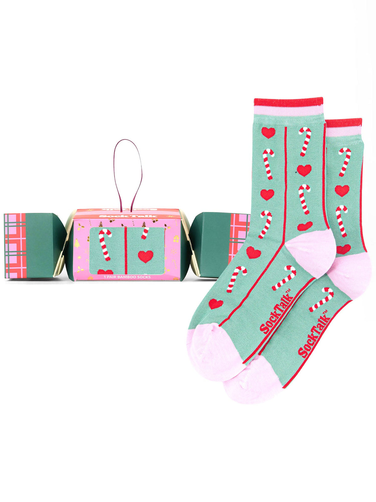 Candy-Cane-Bamboo-Crew-Socks-Christmas-Cracker-Gift-Box-in-Sage-Green
