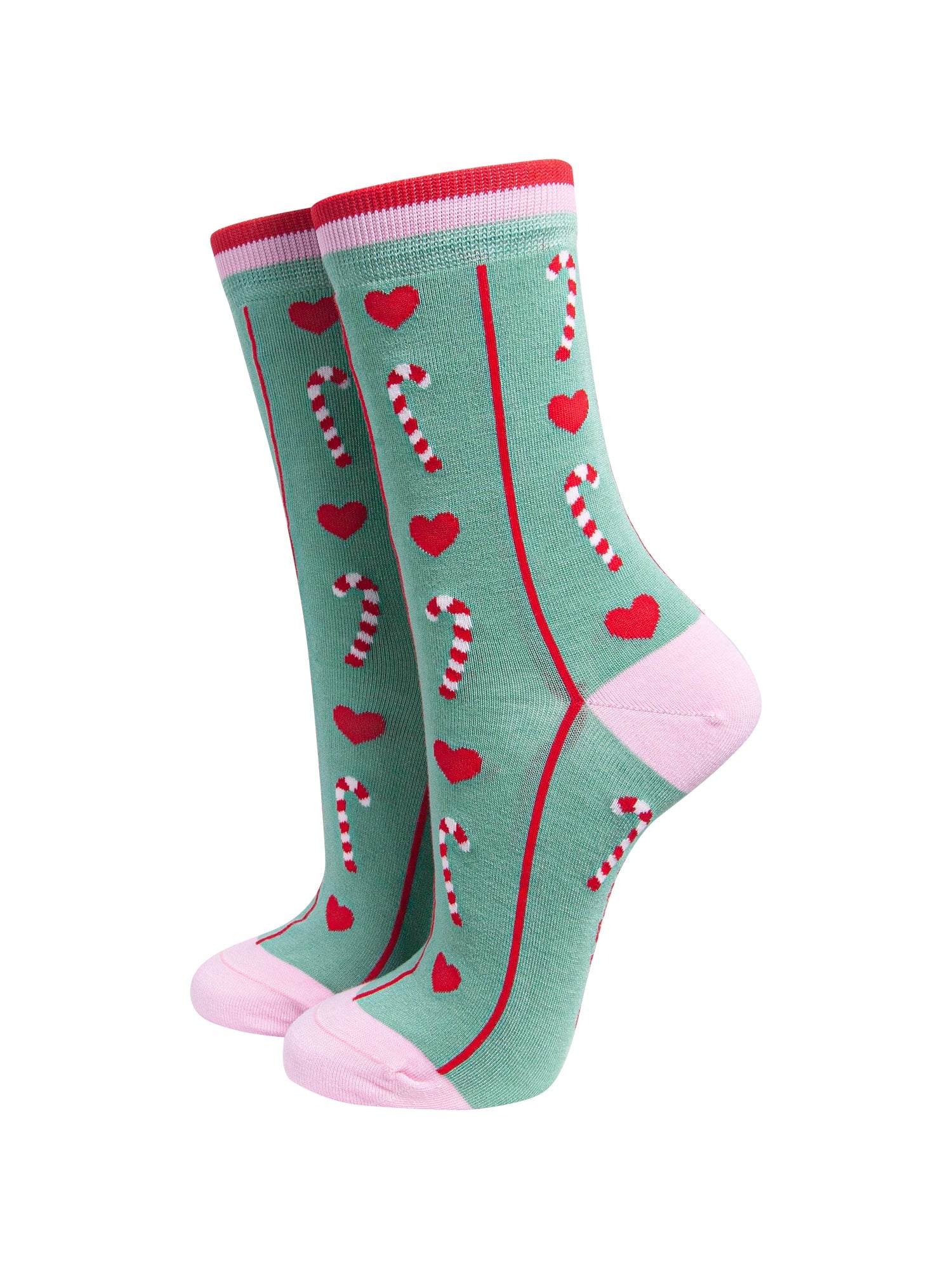 Candy-Cane-Women's-Bamboo-Socks-in-Mint-Green-On-Mannequin