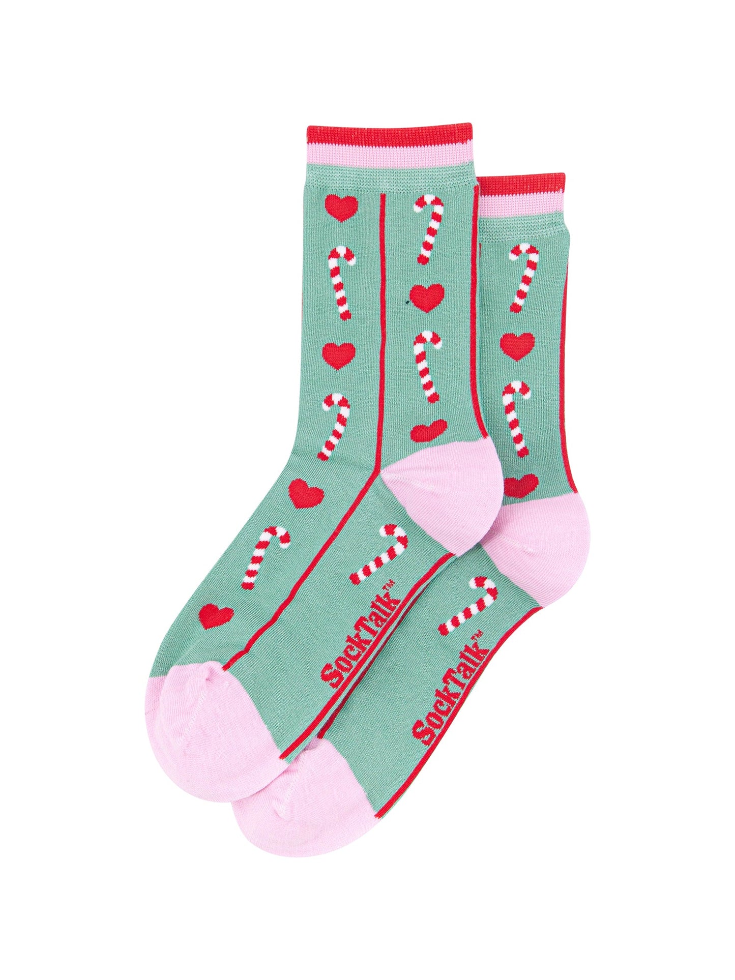 Candy-Cane-Women's-Bamboo-Socks-in-Mint-Green-Laid-Flat