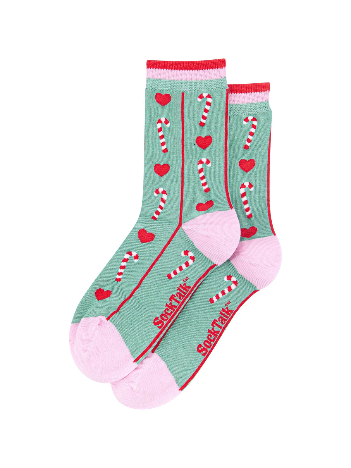 Candy-Cane-Women's-Bamboo-Socks-in-Mint-Green-Laid-Flat