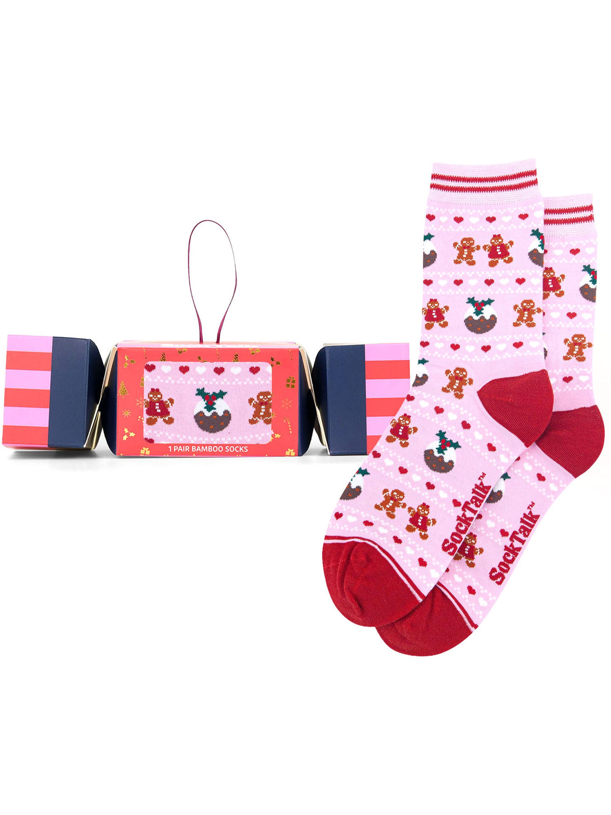 Christmas-Pudding-&-Gingerbread-Men-Fair-Isle-Bamboo-Crew-Socks-Christmas-Cracker-Gift-Box-in-Pink