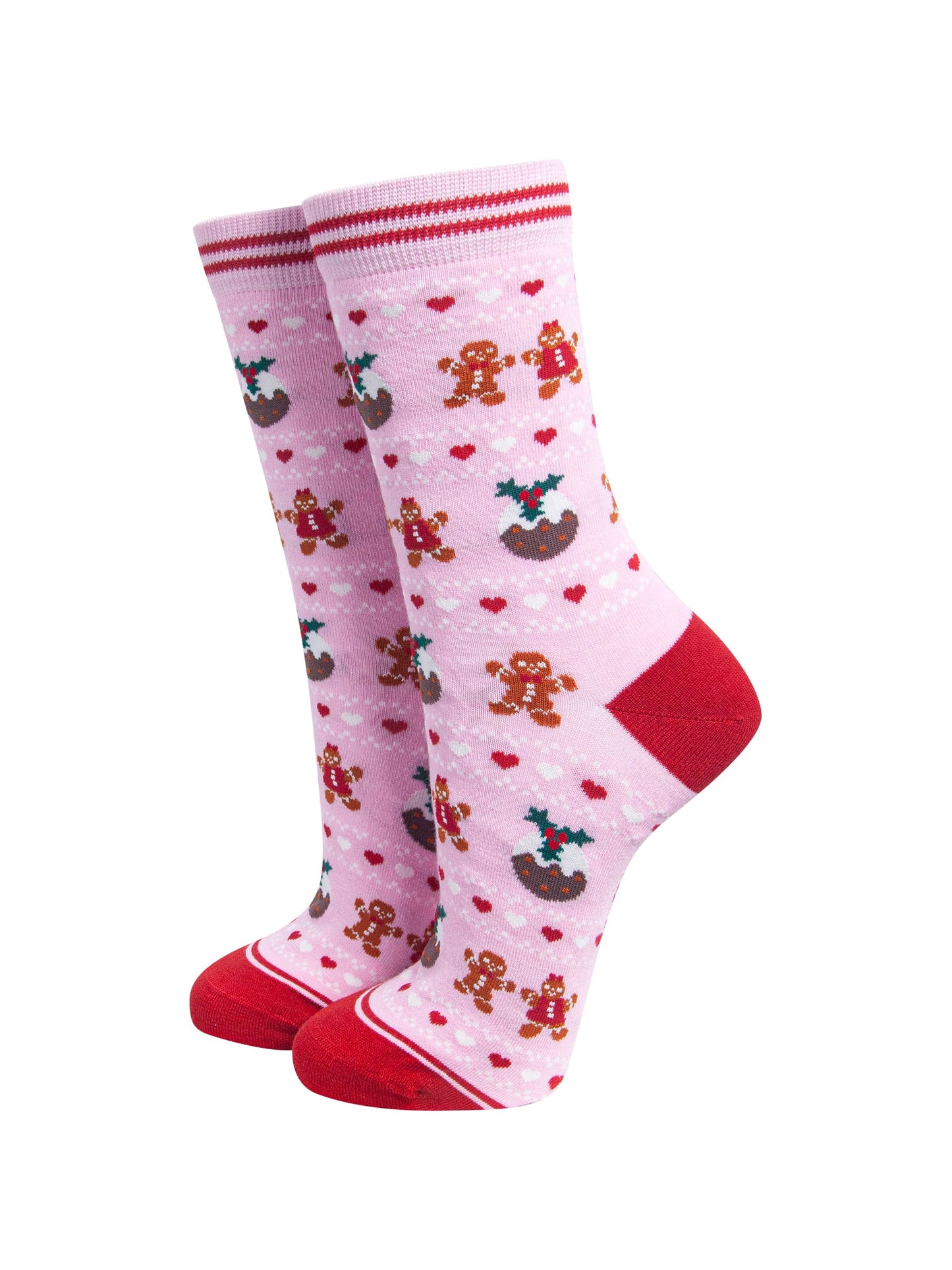 Christmas-Pudding-&-Gingerbread-Women's-Bamboo-Socks-in-Pink-On-Mannequin