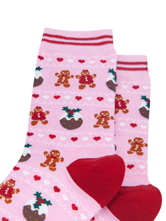 Christmas-Pudding-&-Gingerbread-Women's-Bamboo-Socks-in-Pink-Close-Up
