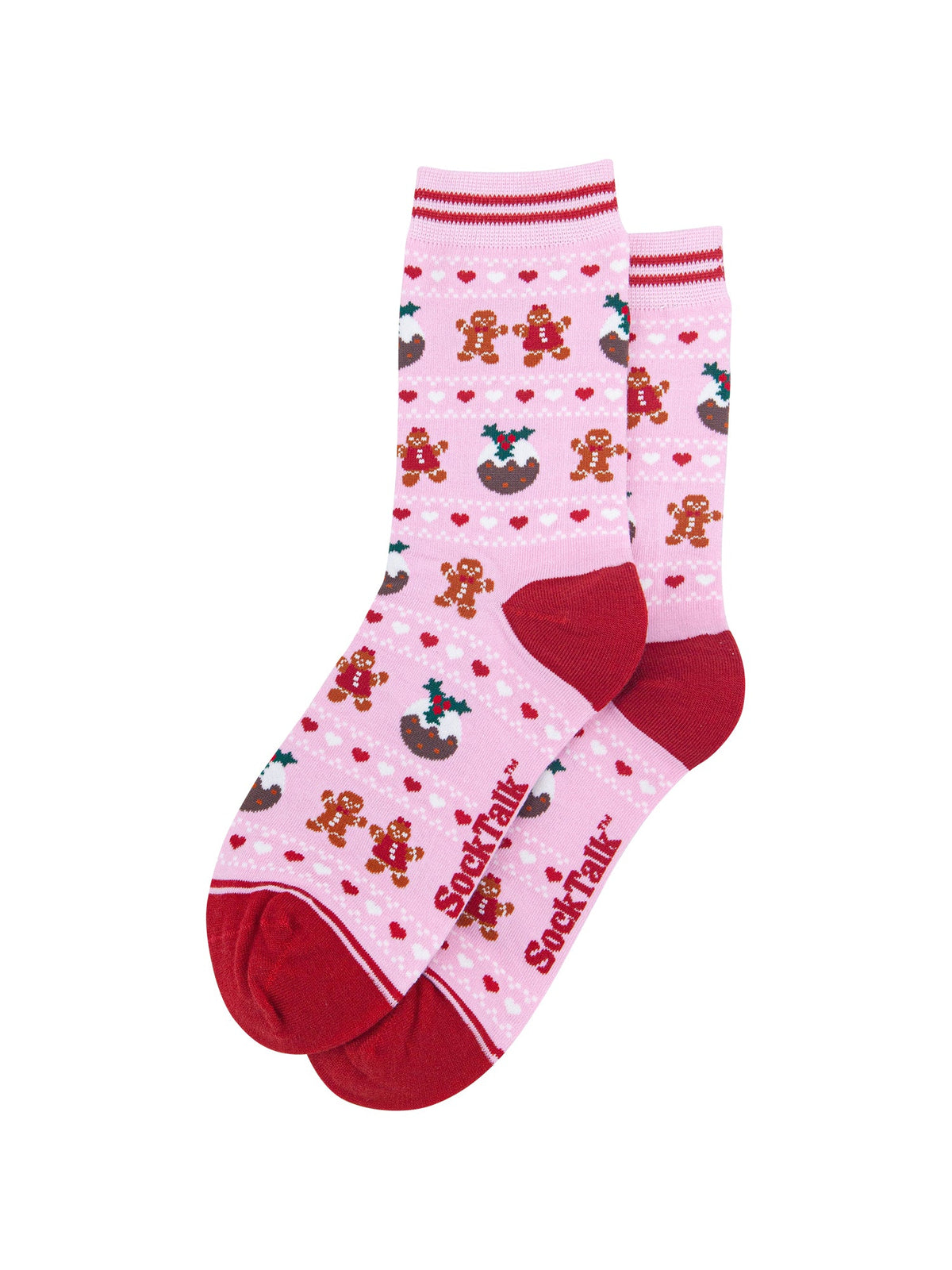Christmas-Pudding-&-Gingerbread-Women's-Bamboo-Socks-in-Pink-Laid-Flat