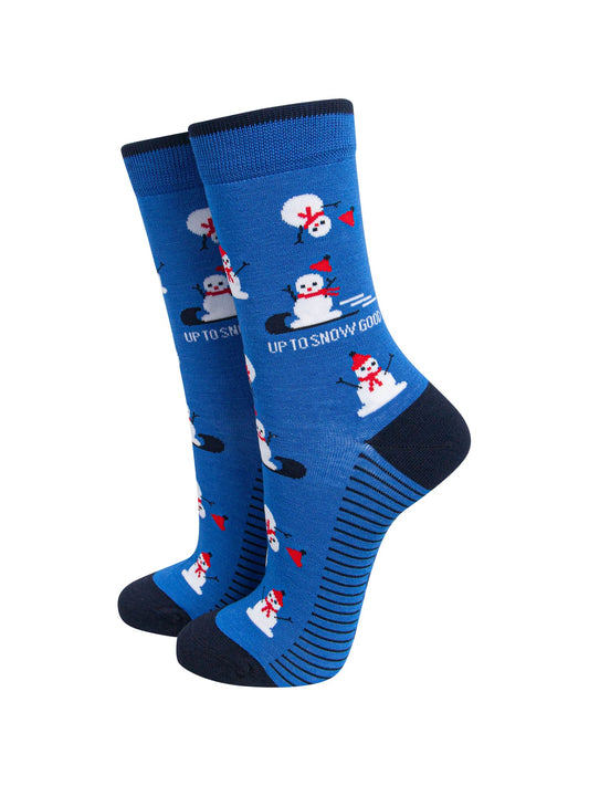 Up-To-Snow-Good-Snowman-Women's-Bamboo-Socks-in-Blue-On-Mannequin