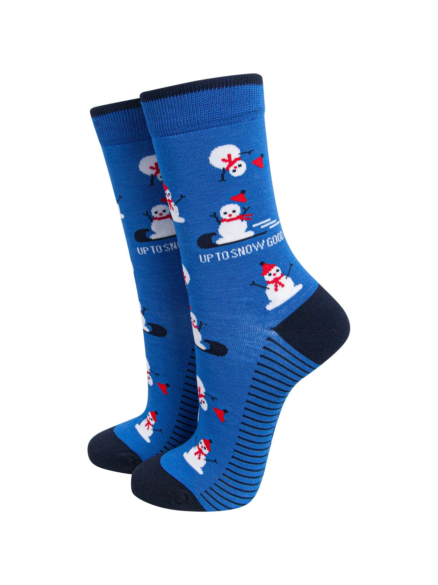 Up-To-Snow-Good-Snowman-Women's-Bamboo-Socks-in-Blue-On-Mannequin