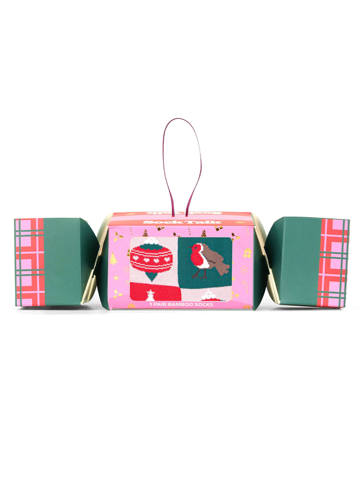 Christmas-Tree-Squares-Bamboo-Crew-Socks-Christmas-Cracker-Gift-Box-in-Pink