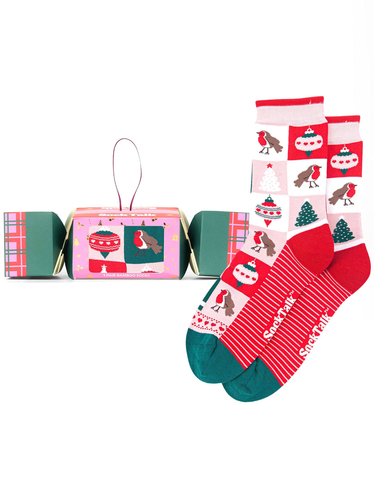 Christmas-Tree-Squares-Bamboo-Crew-Socks-Christmas-Cracker-Gift-Box-in-Pink