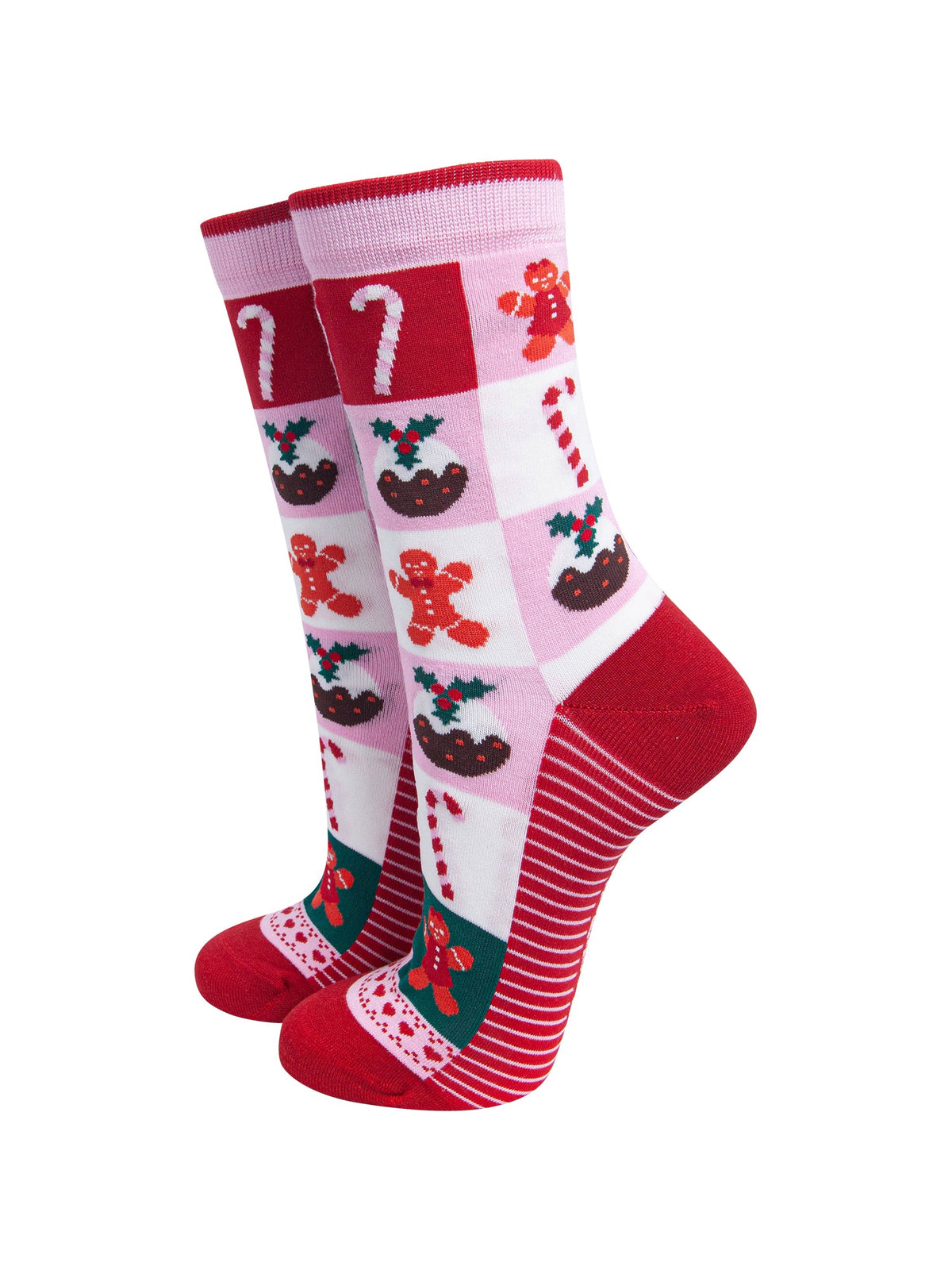 Christmas-Treat-Squares-Women's-Bamboo-Socks-in-Pink/Red-On-Mannequin