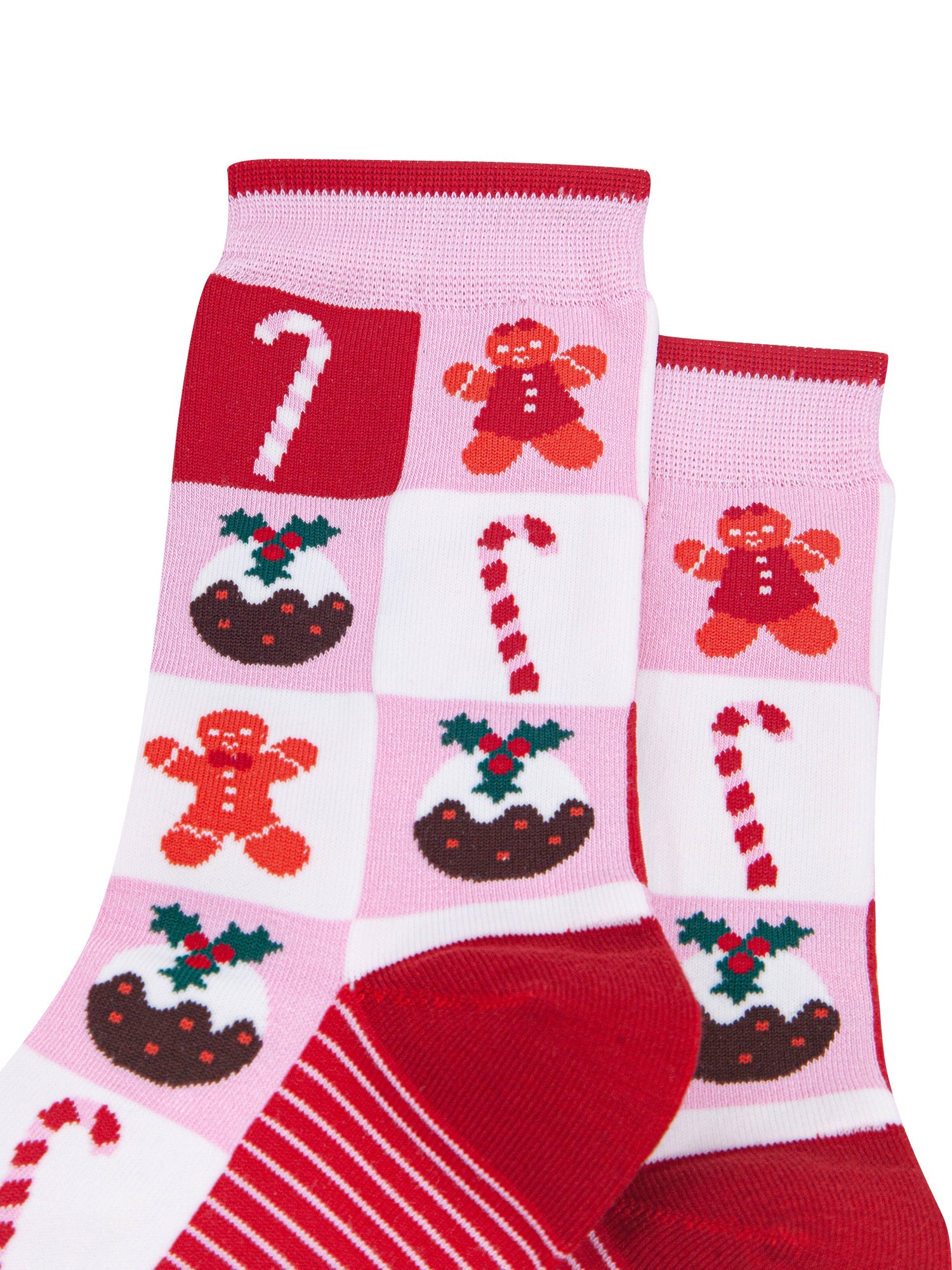 Christmas-Treat-Squares-Women's-Bamboo-Socks-in-Pink/Red-Close-Up
