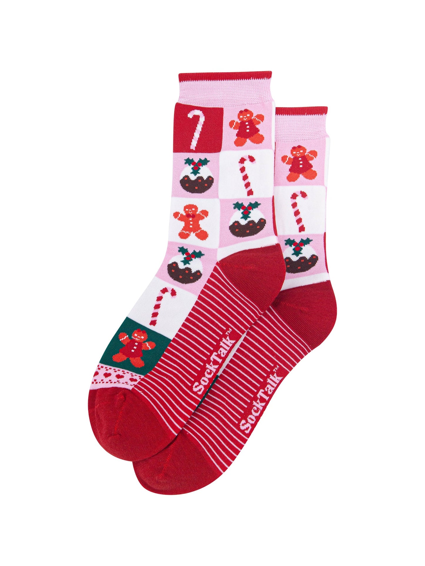 Christmas-Treat-Squares-Women's-Bamboo-Socks-in-Pink/Red-Laid-Flat